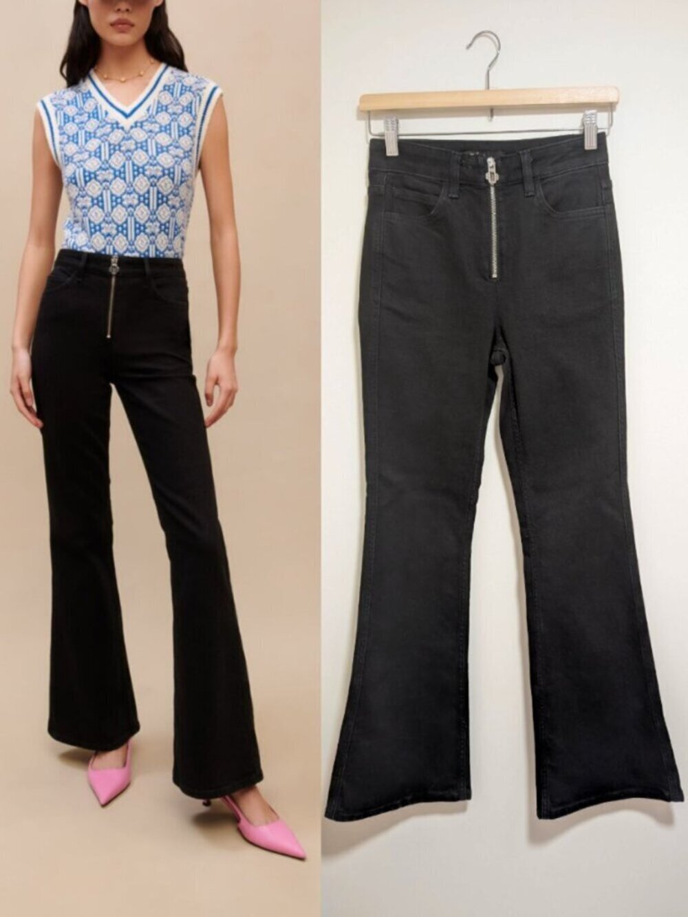 Maje | Black High Rise Flare Jeans With Exposed Zipper